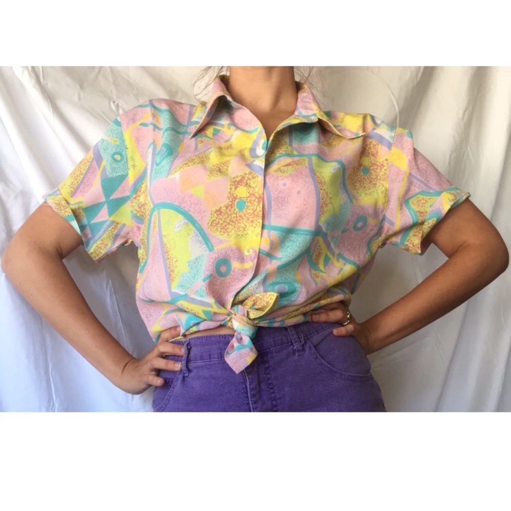 Retro print button down blouse